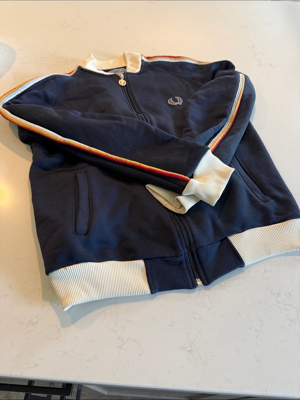 Fred Perry Vintage Navy Mens Zip Track Jacket with Rainbow Sleeve Stripes-M - Picture 4 of 6